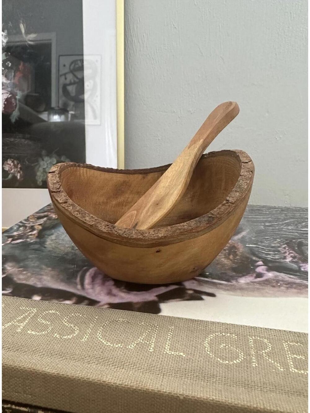 Small Hand Carved Hewn Wood Bowl With Utensil Rustic Lodge Farmhouse Decor